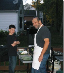 (L)  Larry Meehan and Rick Dayan prepping for Saturday night dinner